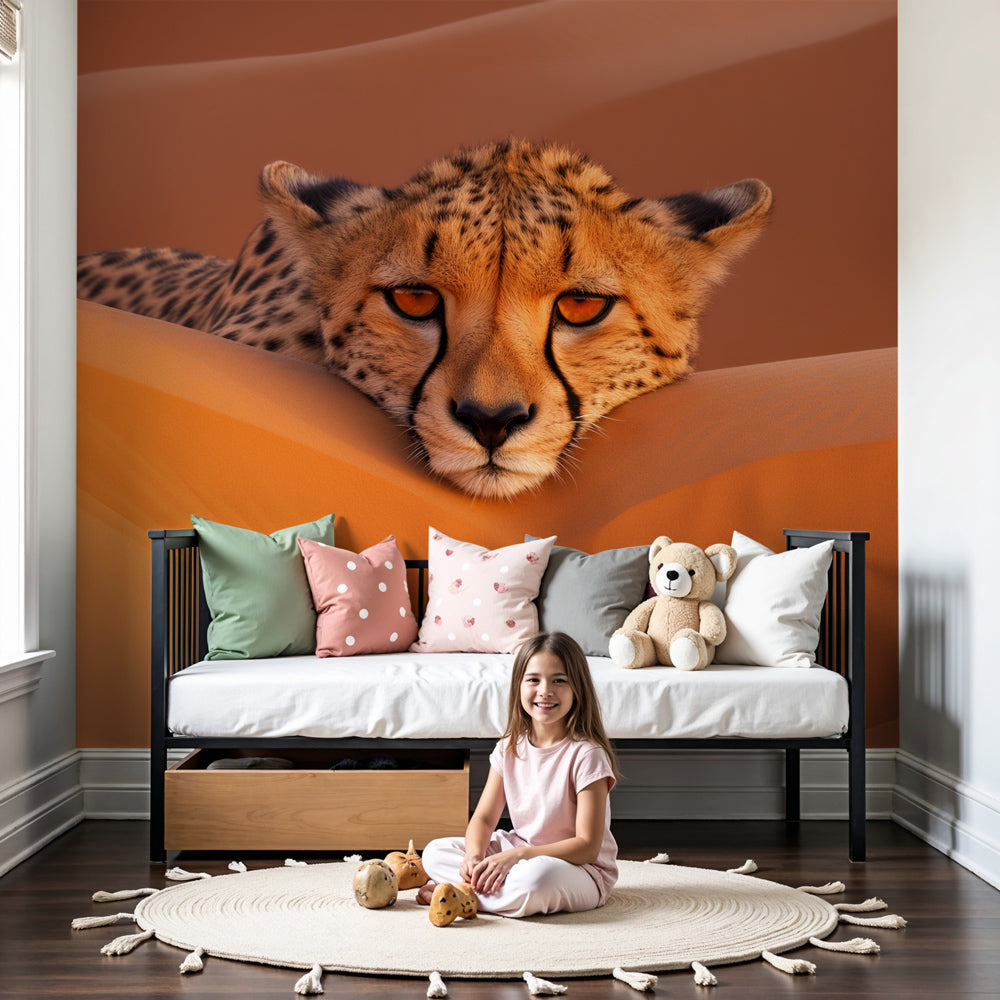 Cheetah desert mural wallpaper creating peaceful safari atmosphere in modern nursery by Kids-Mundo