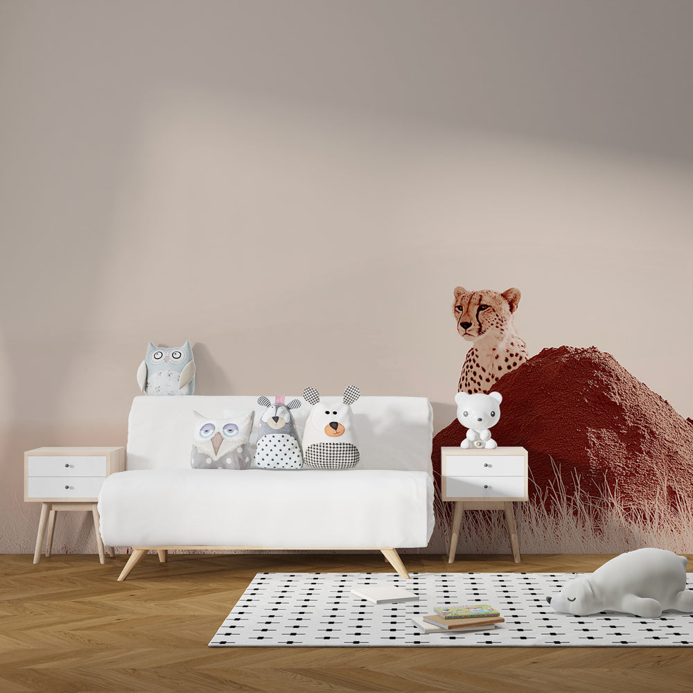 Curious cheetah wallpaper transforming modern kids bedroom into wildlife adventure space