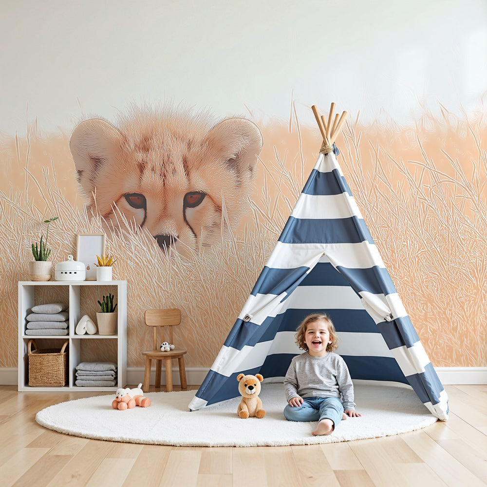 Cheetah safari mural wallpaper creating adventurous atmosphere in modern kids nursery by Kids-Mundo