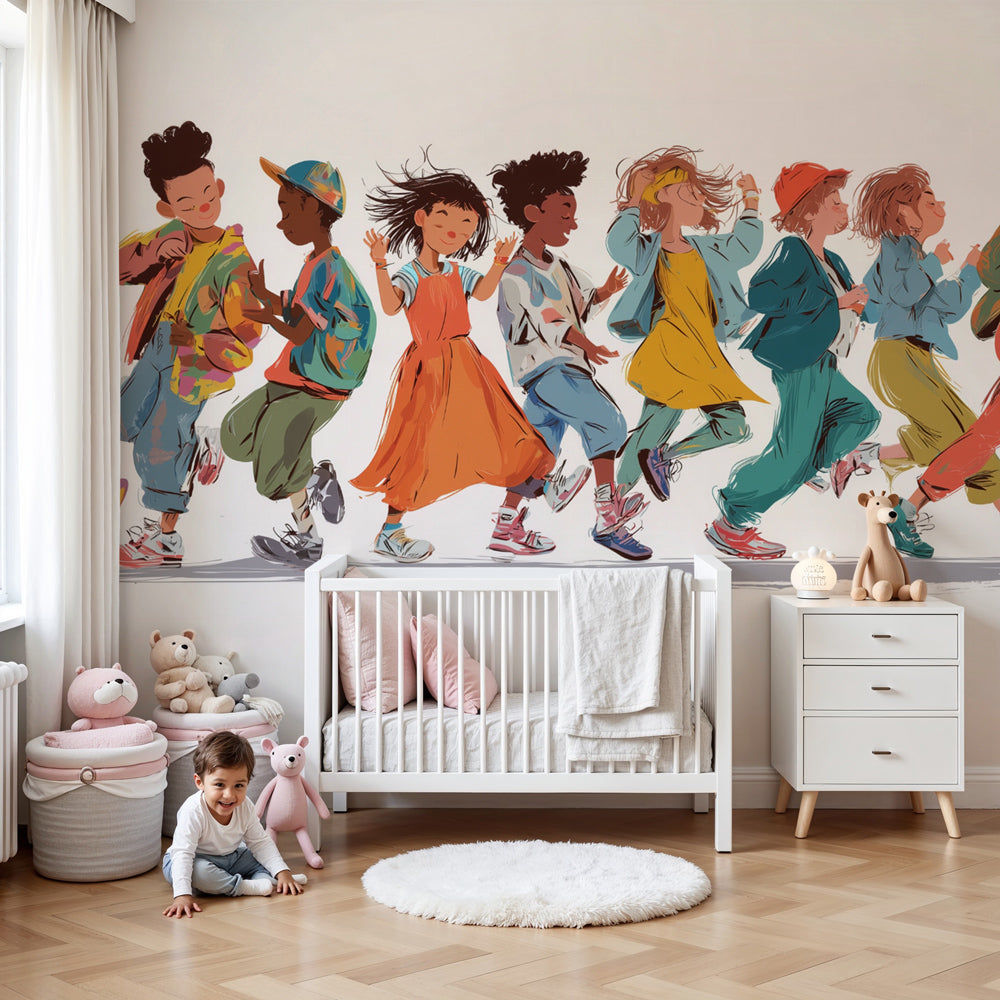 Children dancing mural wallpaper creating joyful nursery atmosphere by Kids-Mundo