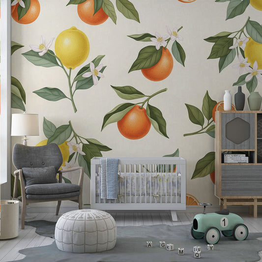 Kids-Mundo citrus wall mural behind a bed in a cheerful, fruit-themed kids bedroom