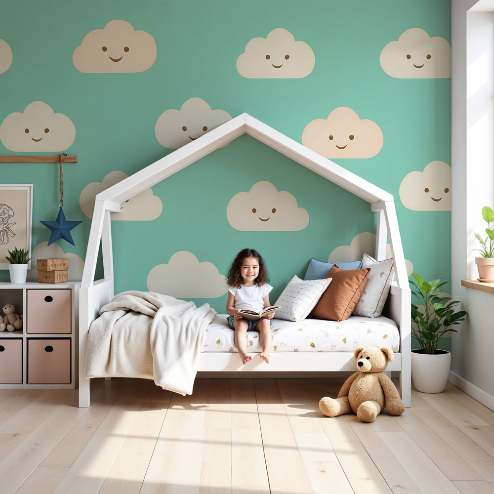 Smiling cloud mural wallpaper creating peaceful nursery atmosphere with aqua blue background by Kids-Mundo