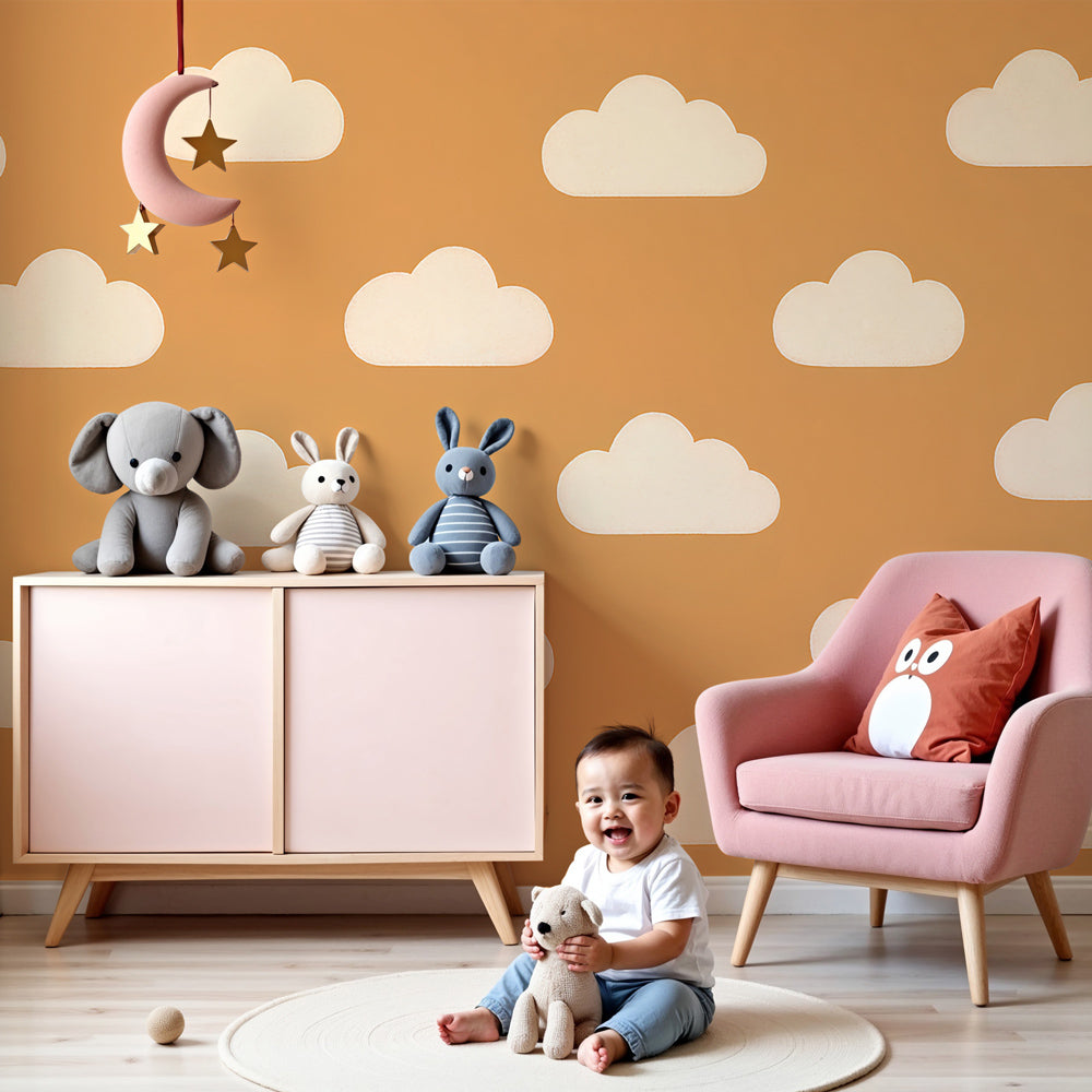 Cloud mural wallpaper with soft earth tones creating cozy nursery atmosphere by Kids-Mundo