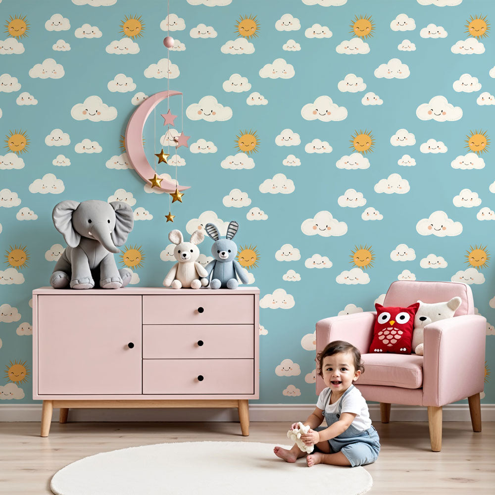 Smiling cloud sun wallpaper decorating peaceful children's bedroom with blue sky theme