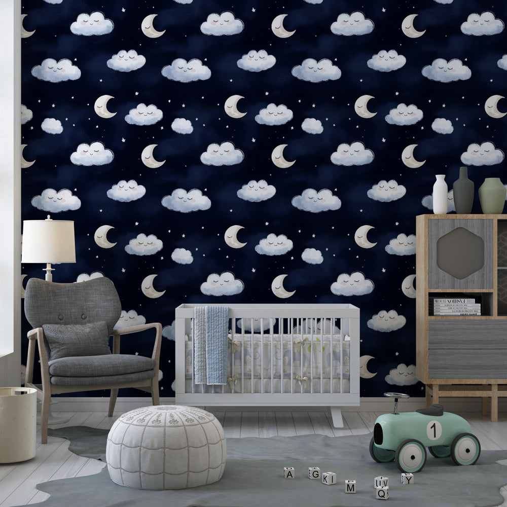 Night sky wallpaper with clouds and moons creating peaceful kids bedroom decor