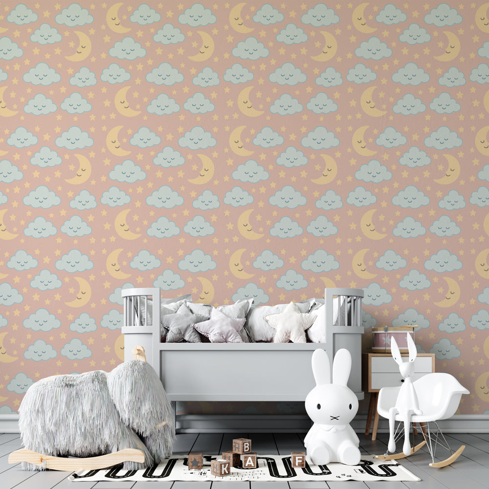 Smiling sky mural wallpaper in modern kids bedroom with light wood furniture