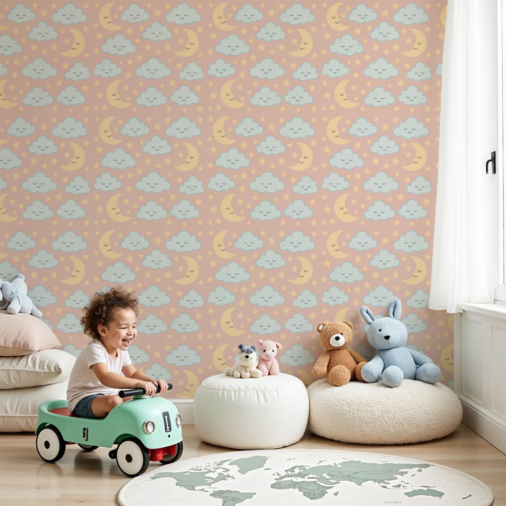 Clouds and moon mural wallpaper creating dreamy nursery atmosphere by Kids-Mundo