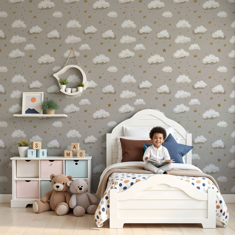 Clouds and stars mural wallpaper in modern nursery with beige celestial design by Kids-Mundo