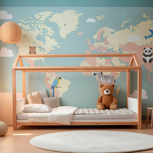 Kids-Mundo world map mural featuring a macaw and zebra in a bright kids' bedroom