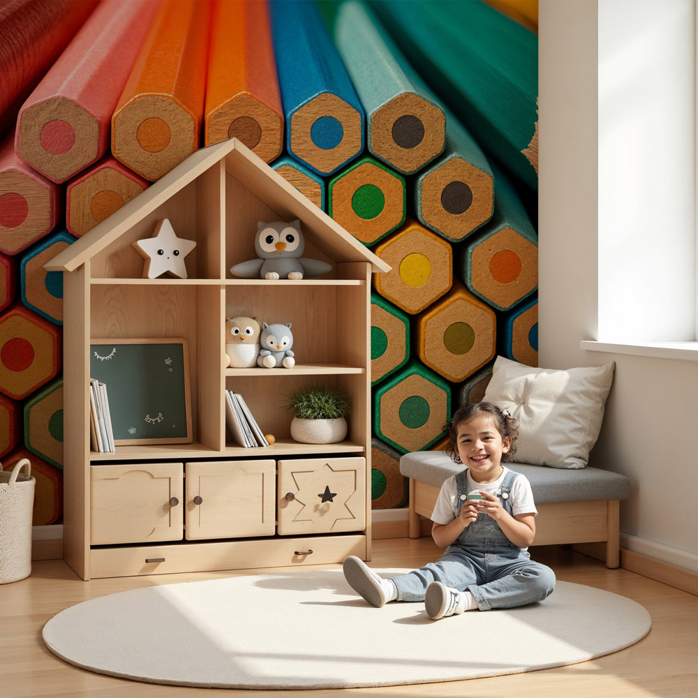 Colored pencils mural wallpaper in bright kids playroom with art supplies by Kids-Mundo
