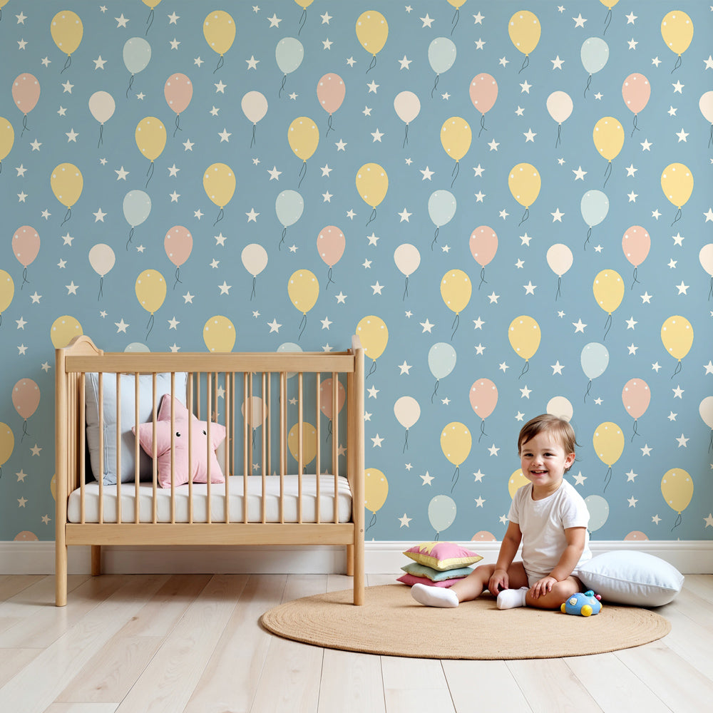 Colorful balloons mural wallpaper in modern nursery with soft blue background by Kids-Mundo