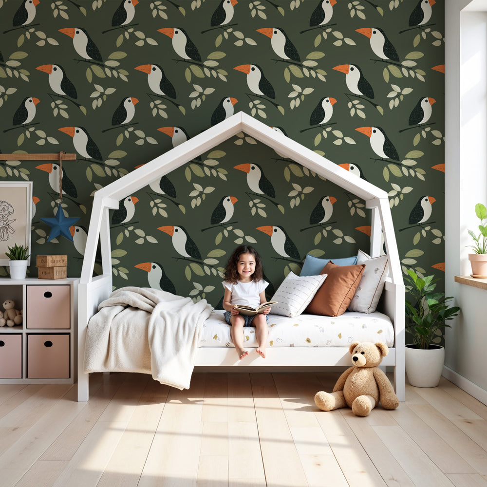 Colorful birds mural wallpaper in modern nursery with green nature theme by Kids-Mundo