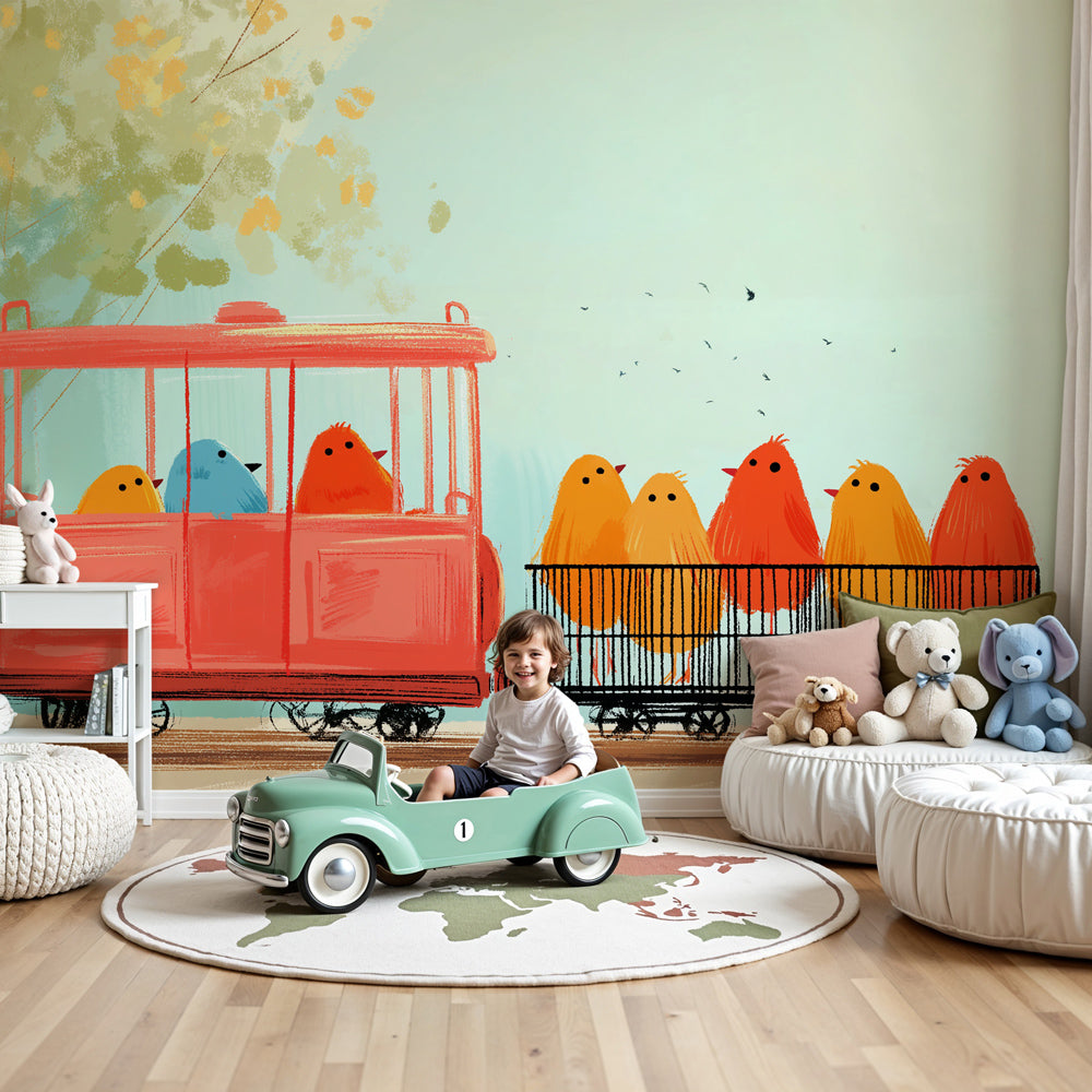 Colorful birds train mural wallpaper decorating modern nursery room by Kids-Mundo