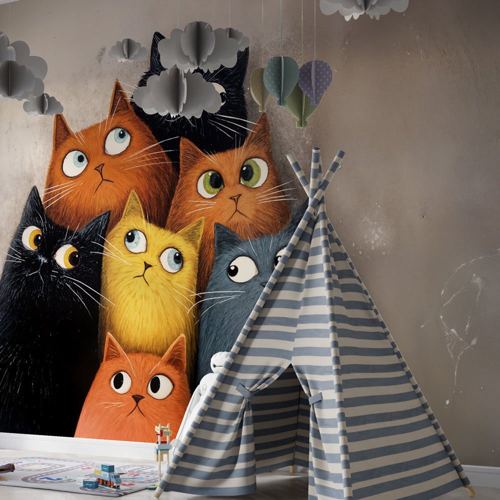 Cat-themed mural wallpaper creating cozy children's bedroom atmosphere with playful feline design