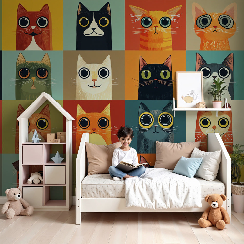 Colorful cats mural wallpaper creating whimsical nursery decor with playful feline characters by Kids-Mundo