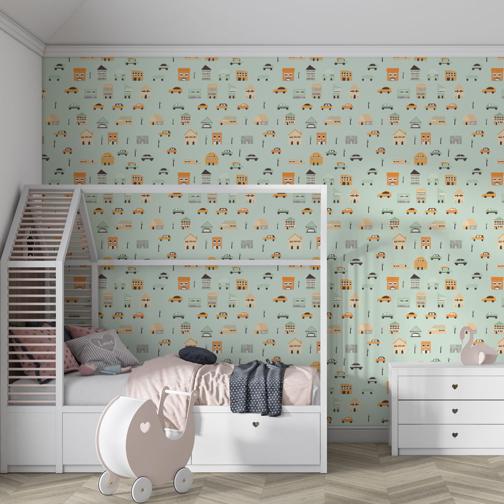 City themed mural wallpaper creating playful urban decor in children's bedroom