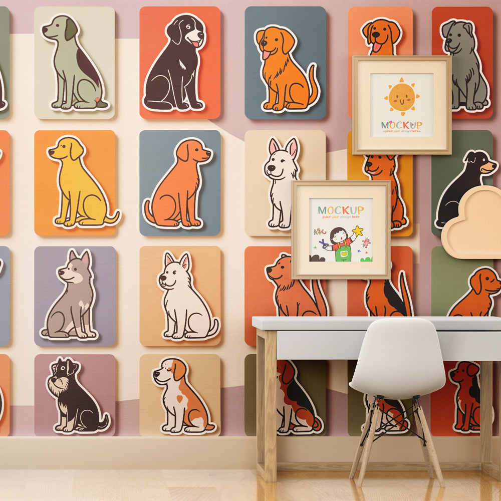 Multi-color dog wallpaper decorating cheerful children's bedroom with playful atmosphere