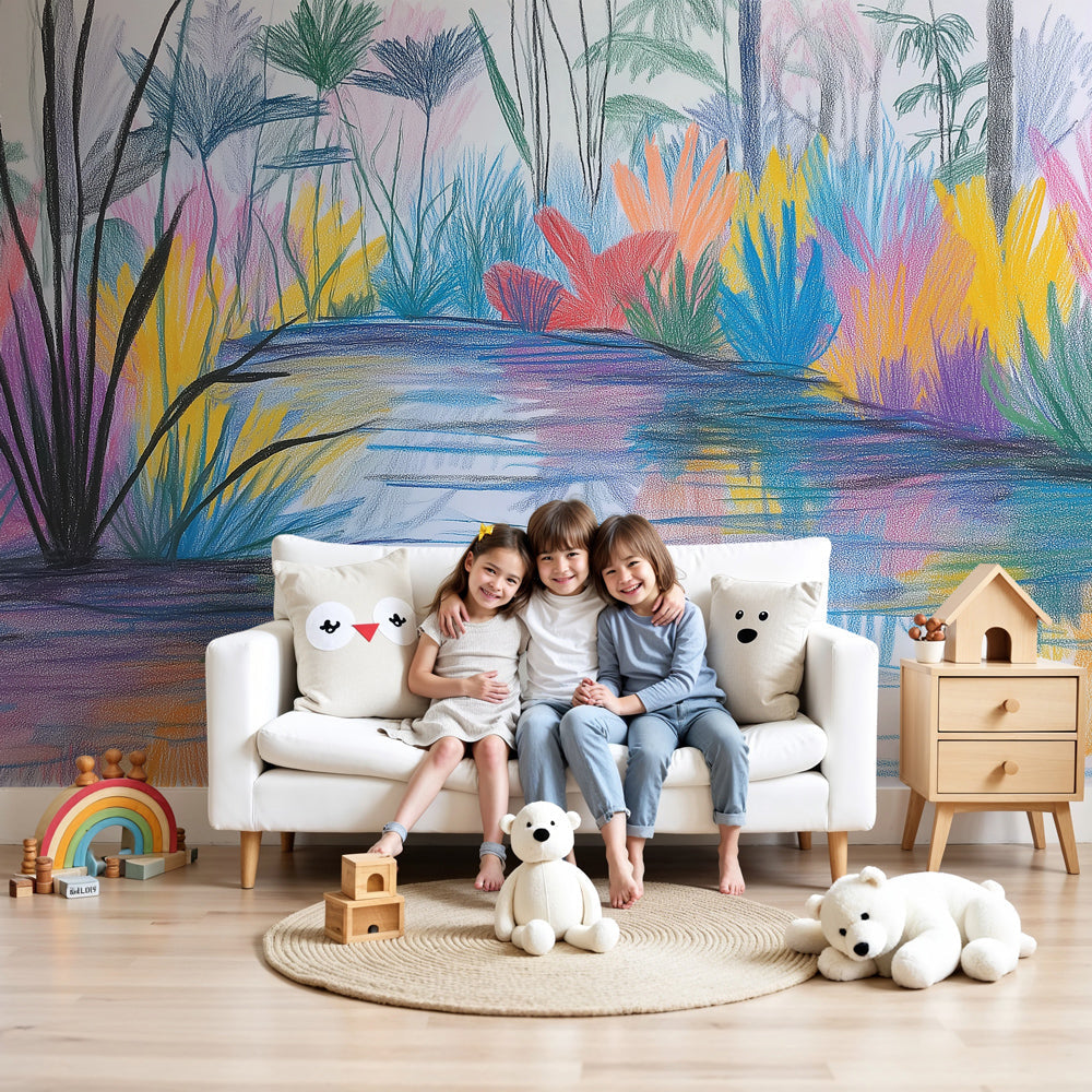 Colorful river mural wallpaper in modern nursery with natural lighting by Kids-Mundo