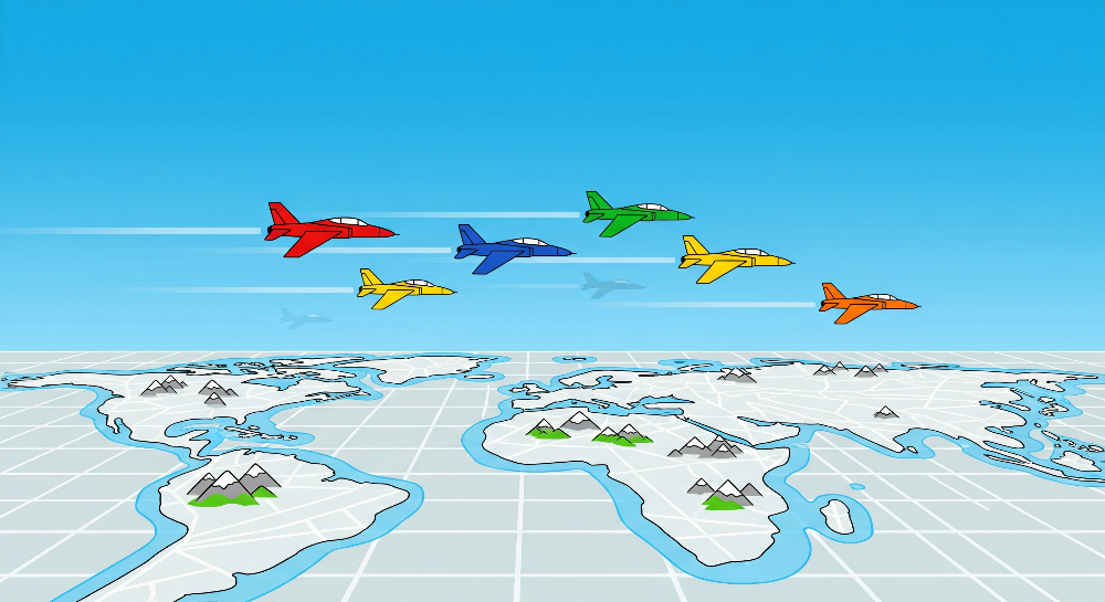 Kids-Mundo flat artwork of colourful jet planes flying over a stylised world map design