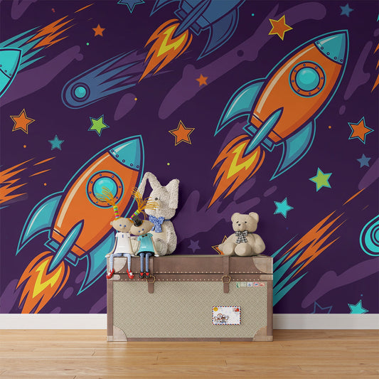 Kids-Mundo rockets and comets wall mural covering a feature wall in an active kids' bedroom
