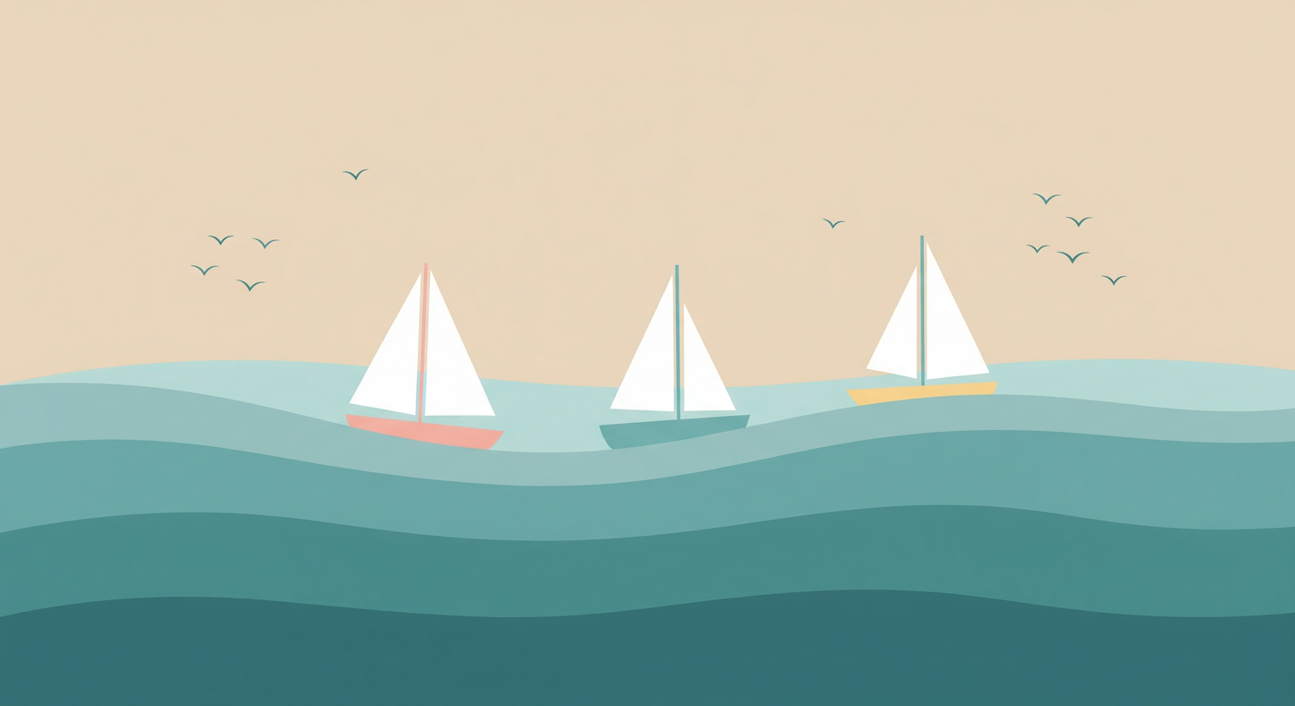 Kids-Mundo flat artwork of three colourful sailboats on teal waves under a cream sky