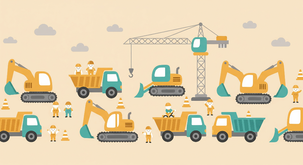 Construction Site Diggers, Trucks and Crane Wall Mural