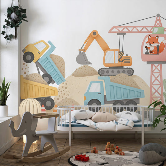 Kids-Mundo construction site wall mural covering a feature wall in an active child's bedroom.