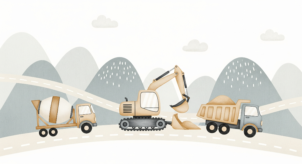 Construction Truck Convoy on a Mountain Road Wall Mural