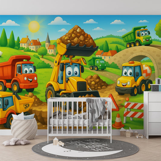 Kids-Mundo digger and dump truck wall mural filling a busy kids bedroom