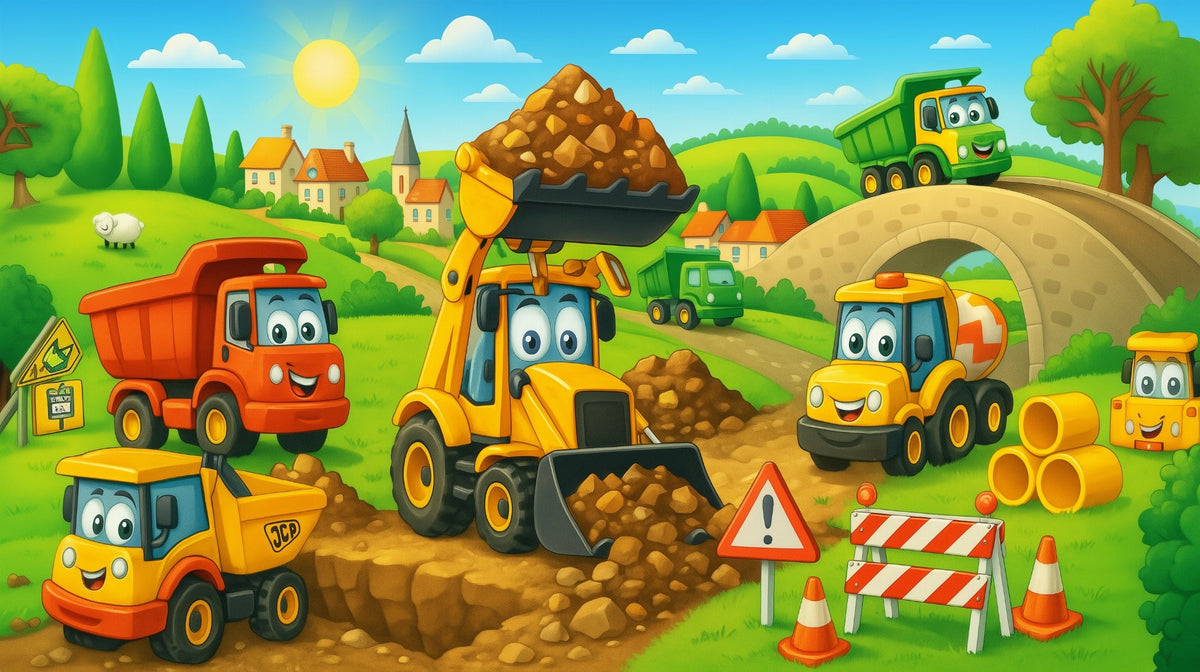 Happy Construction Trucks Countryside Wall Mural