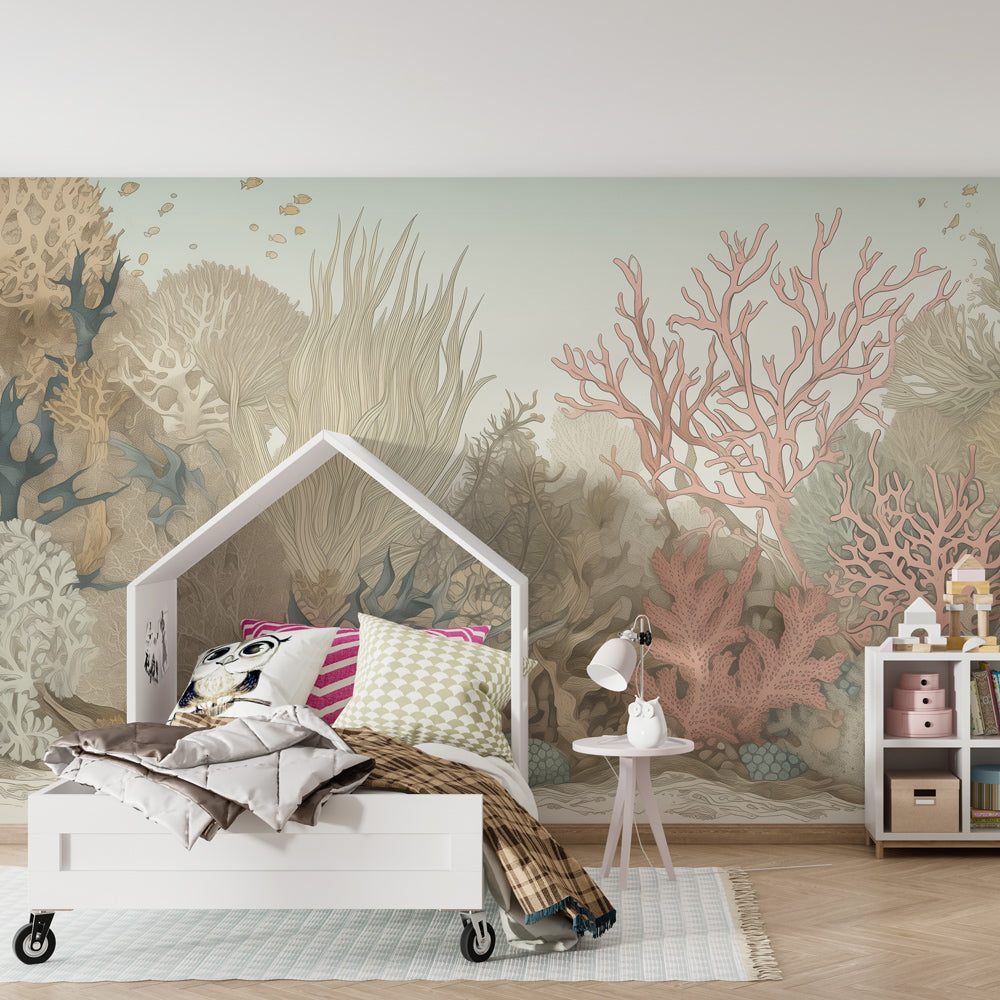 Ocean themed children's bedroom featuring coral reef wallpaper with tropical fish and marine life
