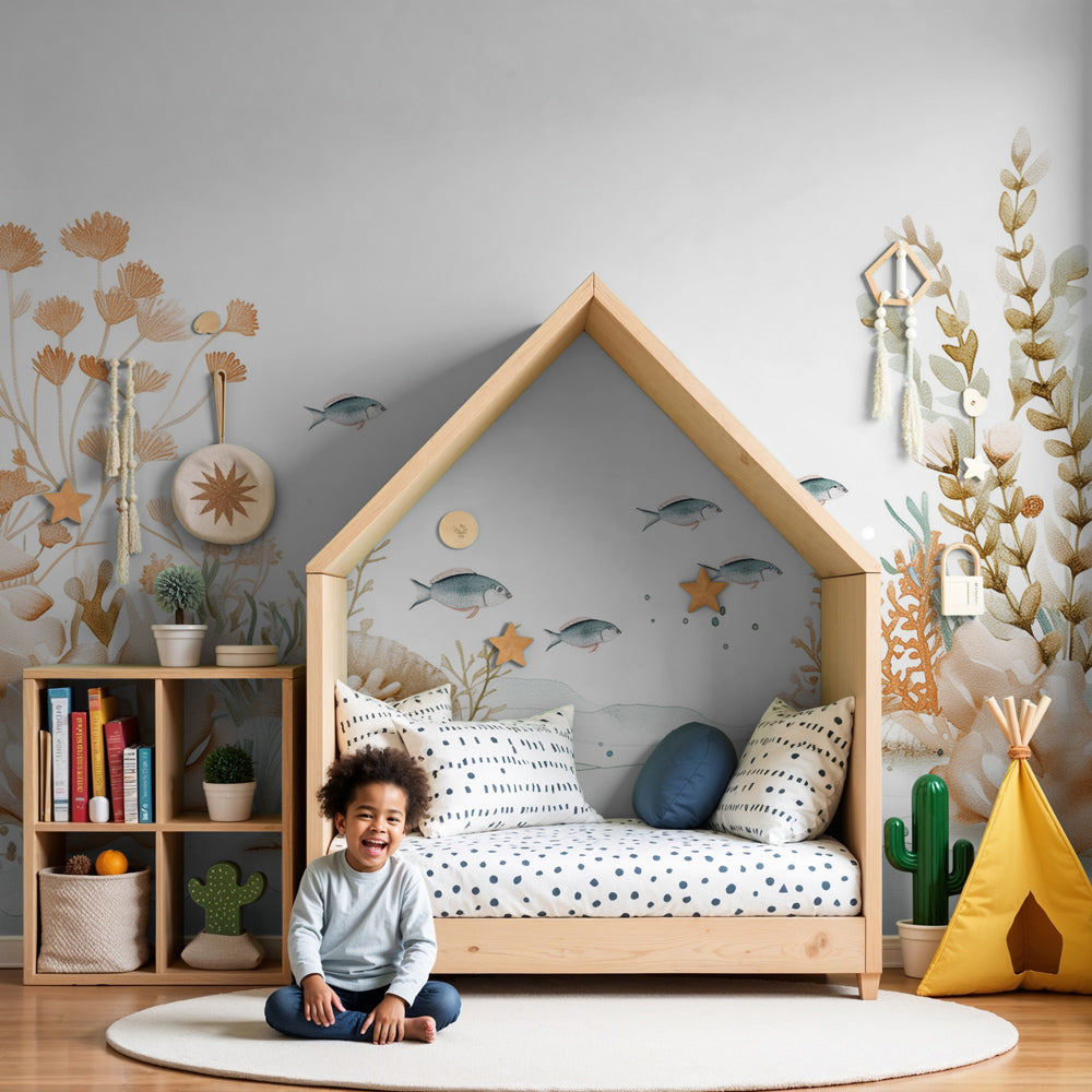 Coral reef mural wallpaper creating peaceful underwater nursery decor with pastel ocean colors by Kids-Mundo