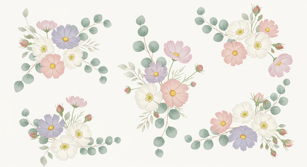 Kids-Mundo cosmos and eucalyptus floral illustration artwork used for this wall mural