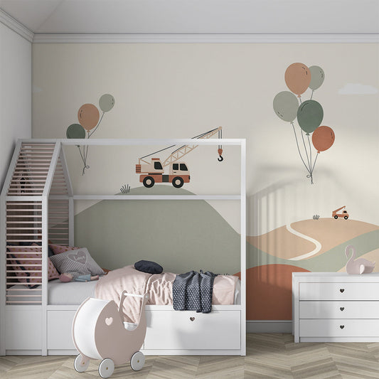 Kids-Mundo crane truck wall mural filling a wall in a gentle-toned kids bedroom