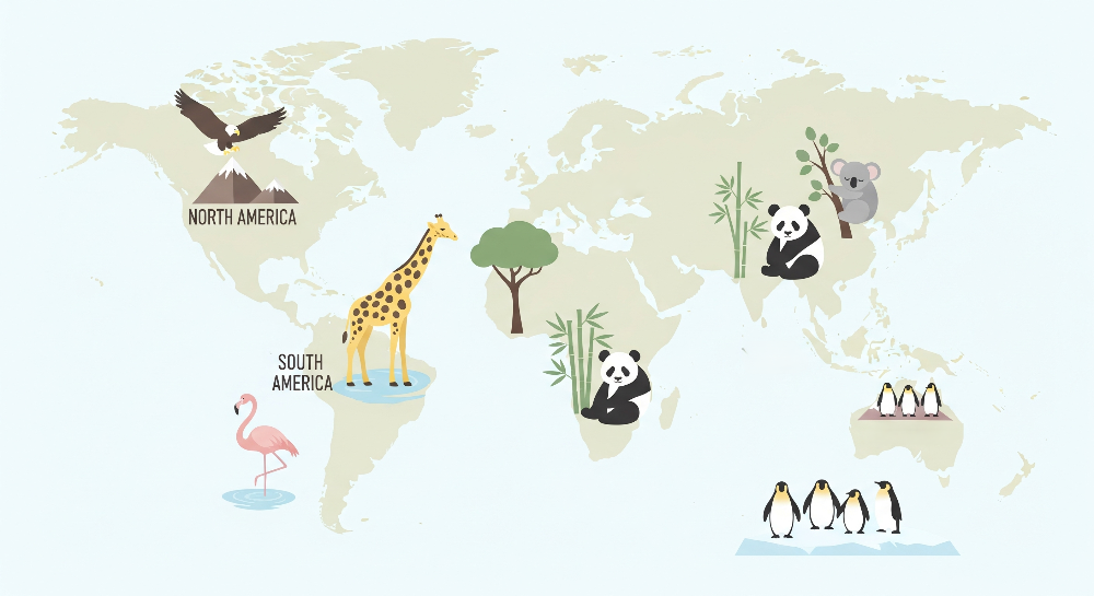 Cream World Map with Flamingo and Panda Wall Mural