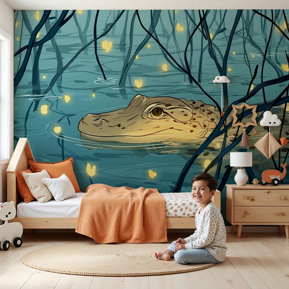 Crocodile and fireflies mural wallpaper creating magical nursery decor by Kids-Mundo