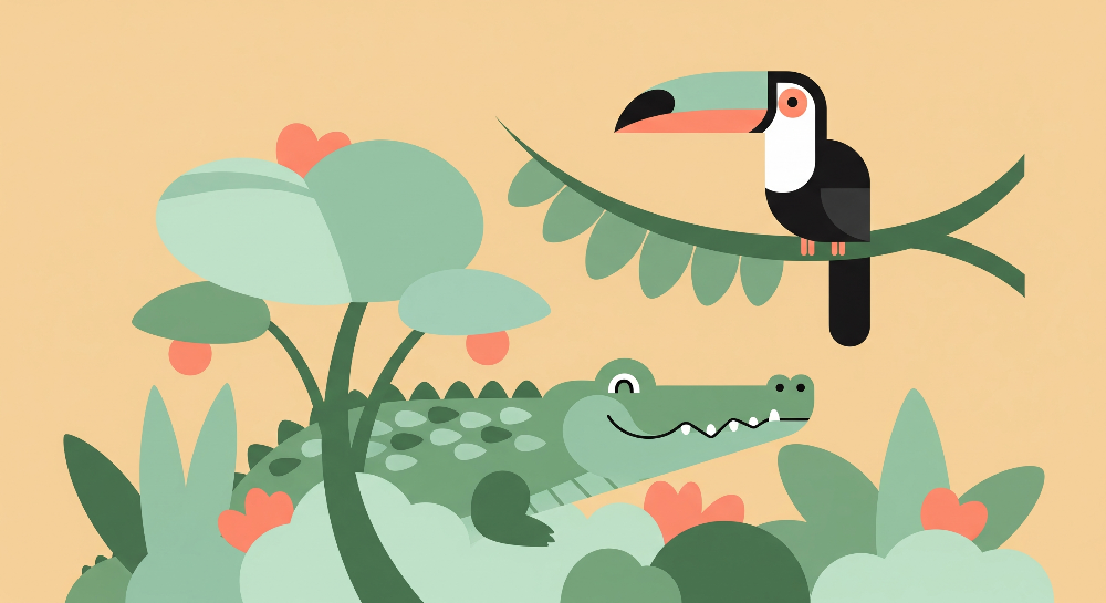 Kids-Mundo flat artwork of the smiling crocodile and toucan wall mural design in mint and coral tones.