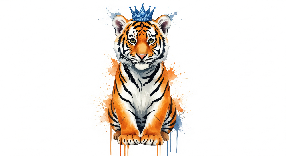 Kids-Mundo flat artwork of a tiger cub wearing a sparkling blue crown in watercolour style