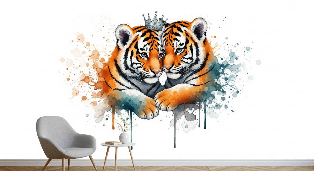 Crowned Tiger Cubs Watercolour Splash Wall Mural
