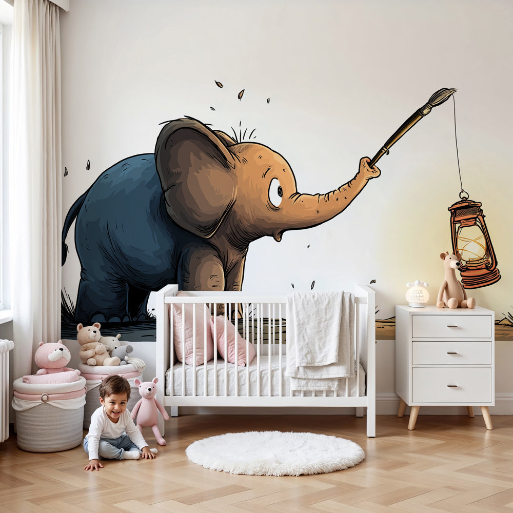Curious elephant mural wallpaper with lantern light in modern nursery by Kids-Mundo
