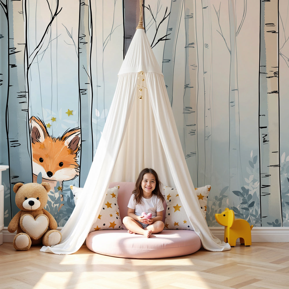 Curious fox winter forest mural wallpaper in cozy nursery setting by Kids-Mundo