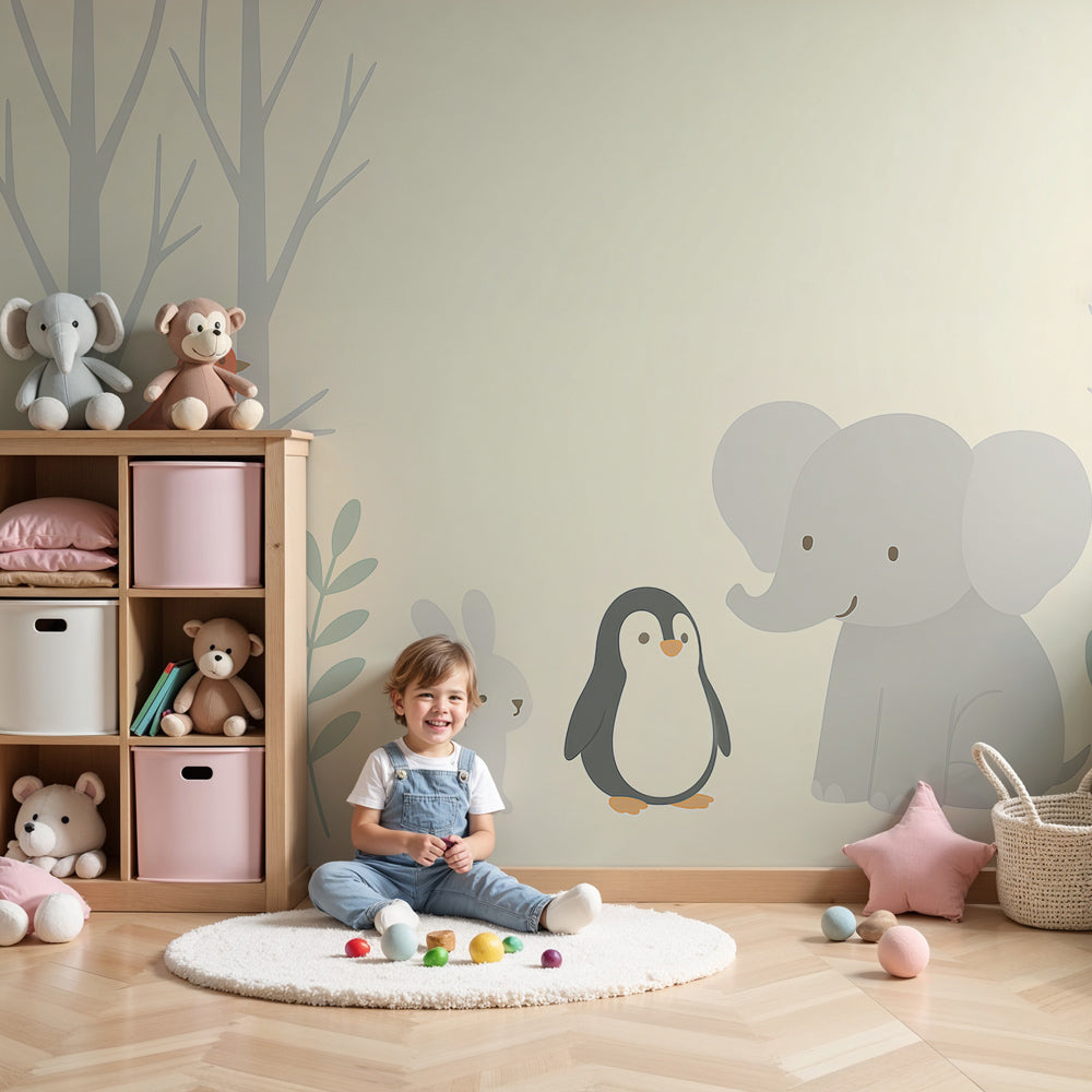 Cute animals safari mural wallpaper in modern nursery with natural wood furniture by Kids-Mundo