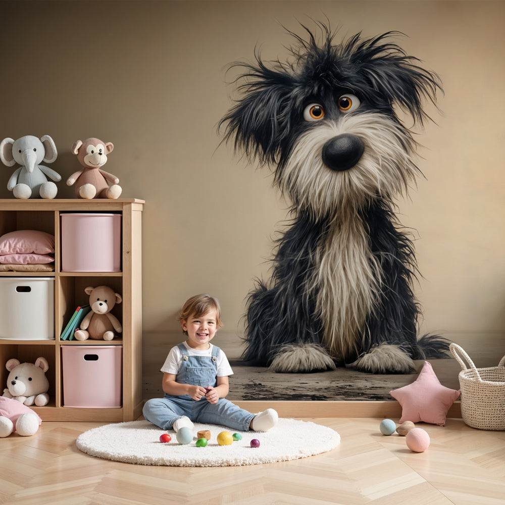 Cute dog mural wallpaper in beige nursery room setting by Kids-Mundo