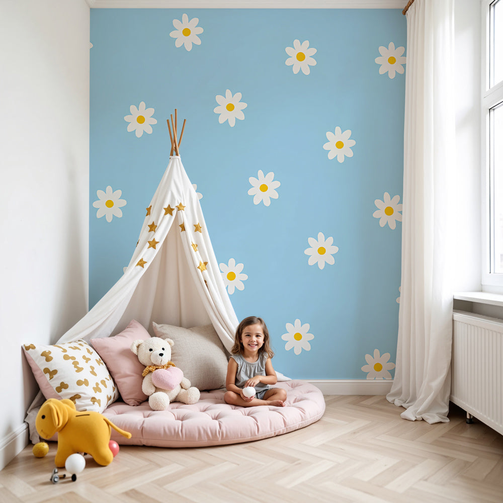 Daisy floral mural wallpaper creating peaceful blue nursery decor by Kids-Mundo