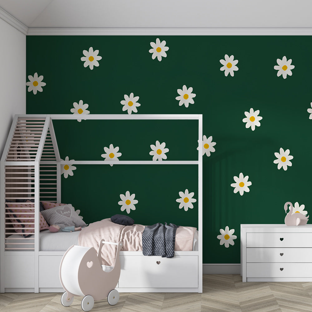 Green floral mural wallpaper with white daisies decorating modern children's bedroom by Kids-Mundo
