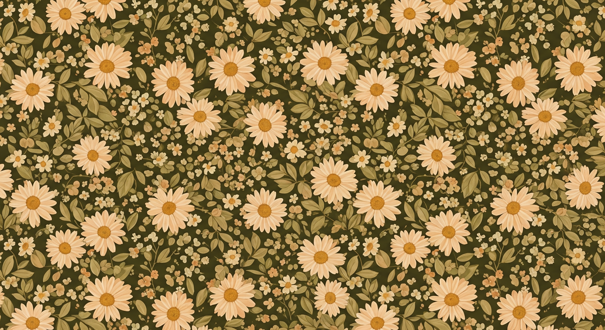 Daisy Meadow on Olive Green Wall Mural