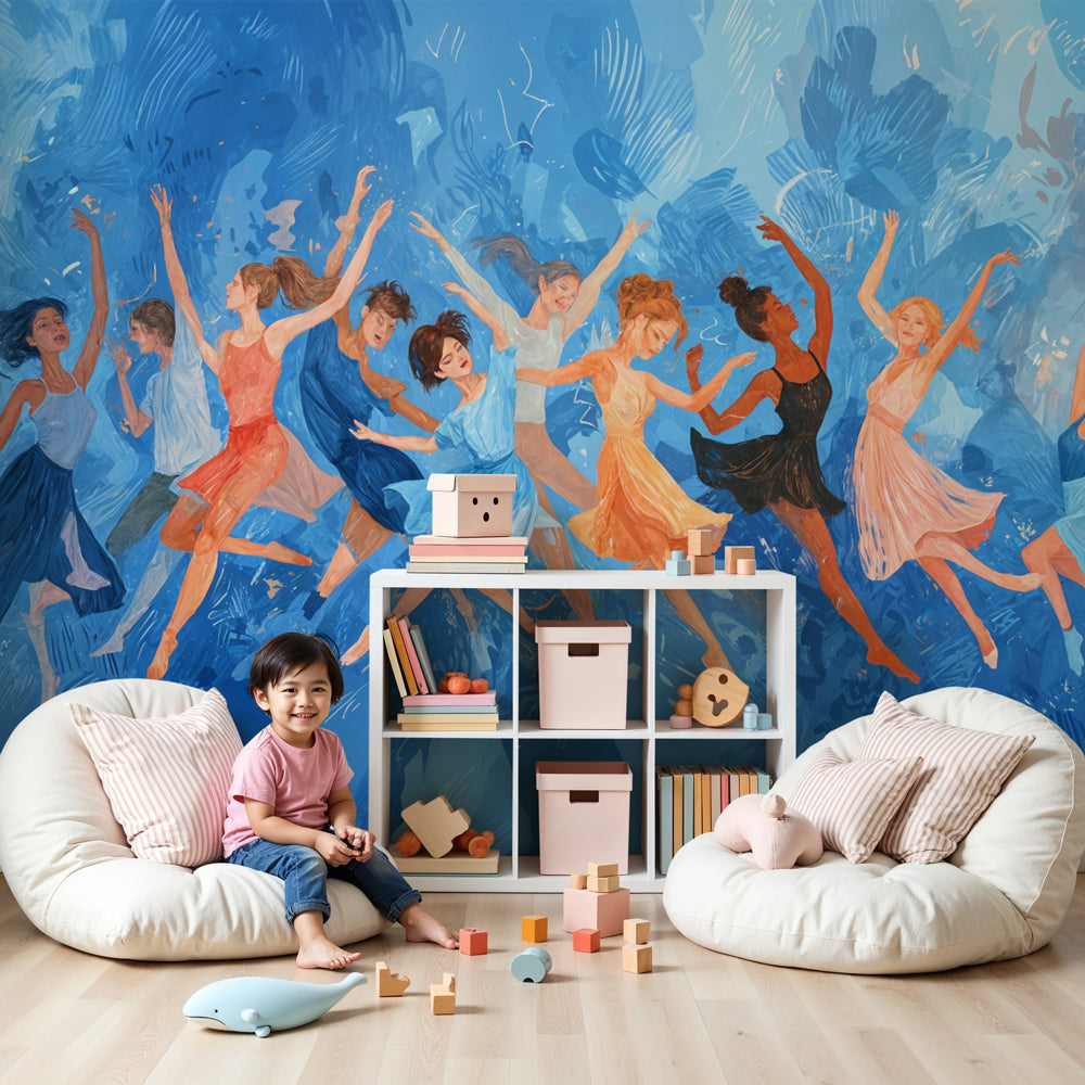 Dance mural wallpaper with vibrant blue background creating energetic kids playroom by Kids-Mundo