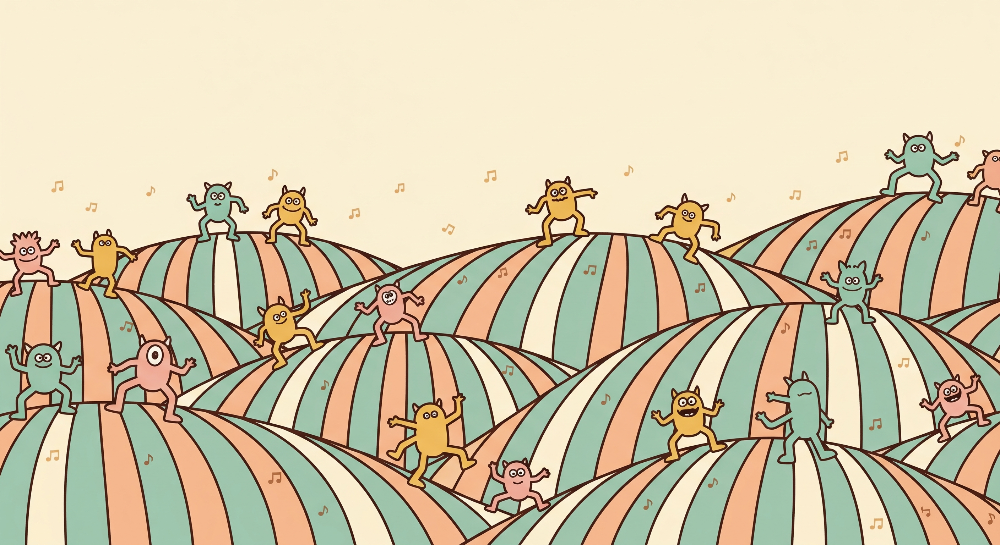 Dancing Monsters on Colourful Striped Hills Wall Mural