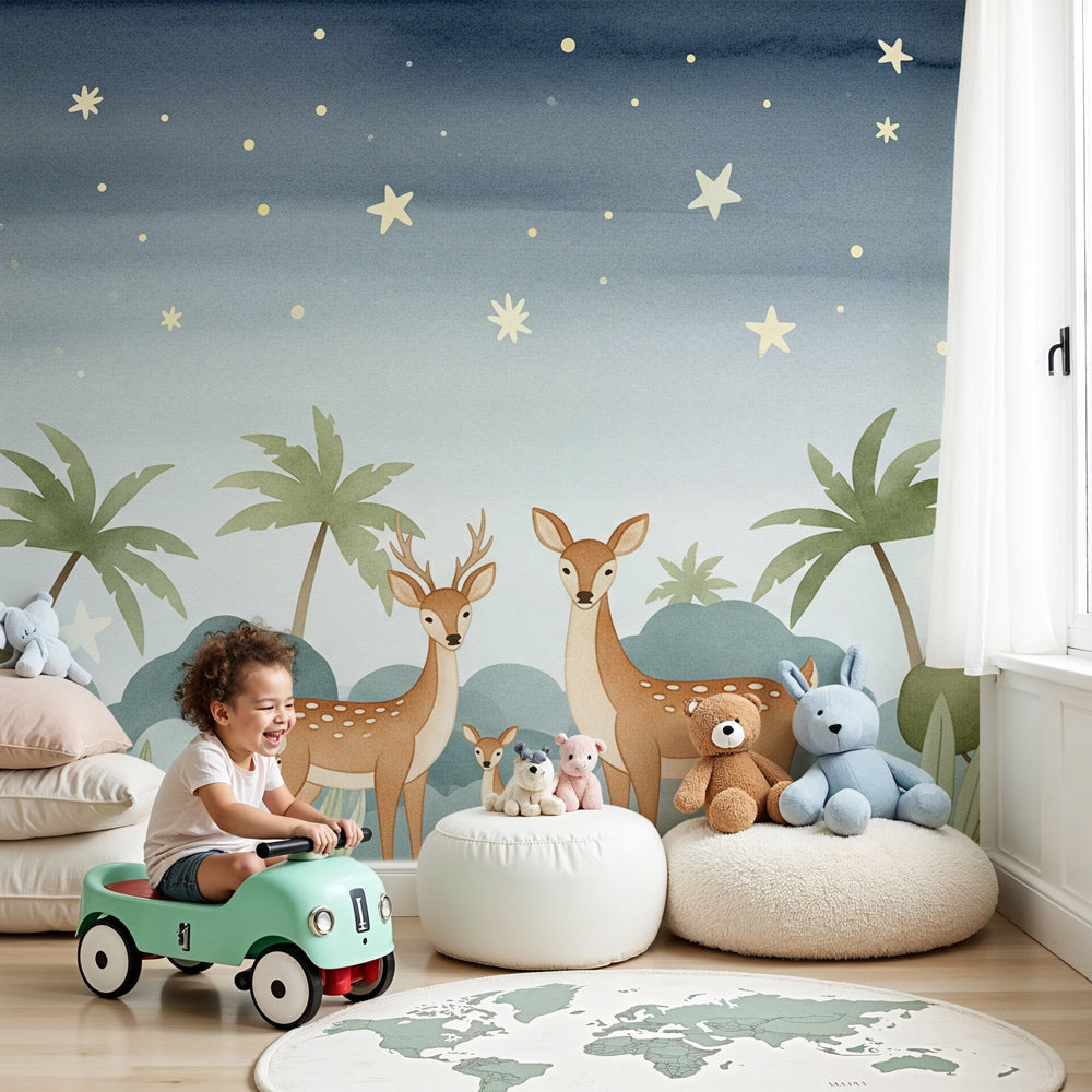Deer family starry night mural wallpaper in modern nursery room by Kids-Mundo