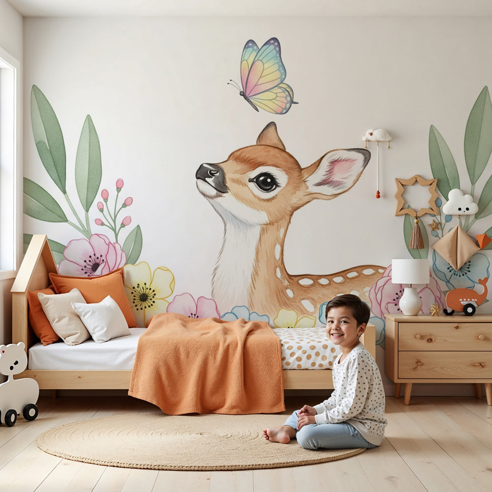 Deer and pastel flowers mural wallpaper creating peaceful woodland nursery decor by Kids-Mundo